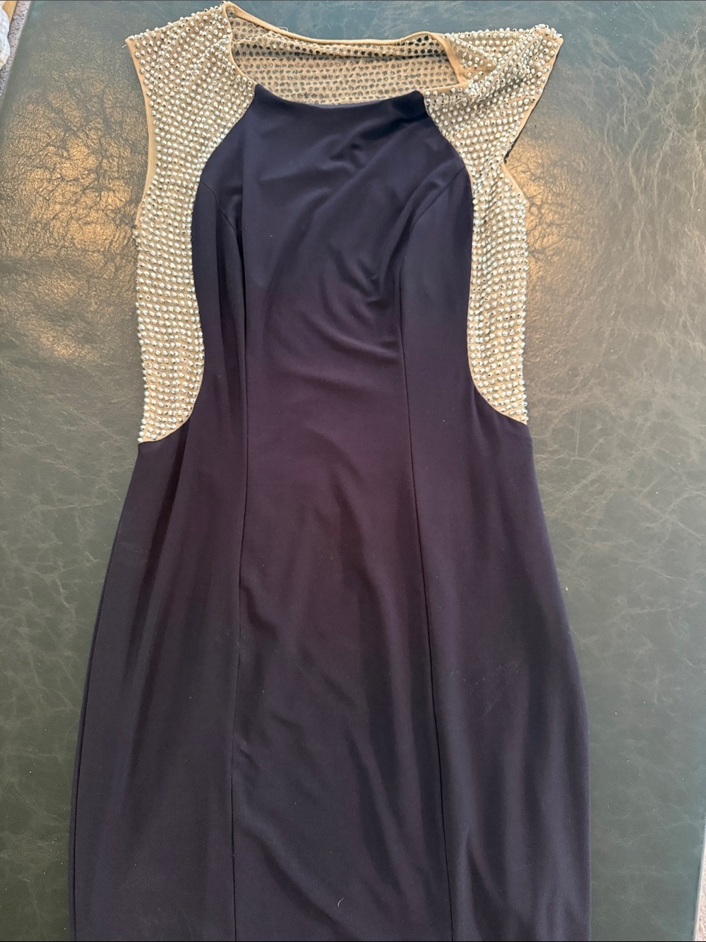 Xscape Navy Dress with Beaded Nude Illusion Accents